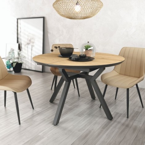 Mesa de comedor extensible Cantábrico cerrada diseño nórdico, mesa barata. 120-160 cm de diámetro. Mobelcenter