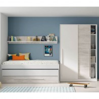 Dormitorio Juvenil Completo Elliot, por cama nido con cajón y estante y armario 2 puertas correderas blanco artik y blanco velho