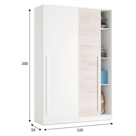 Armario 2 puertas correderas elliot. 120 cm de ancho, 200 cm de alto y 50 cm de fondo en blanco artik y blanco velho