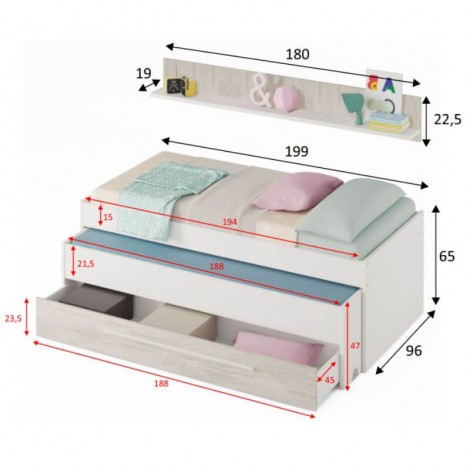 Cama doble nido juvenil Elliot con cajón y estante de pared en color blanco artik y blanco velho