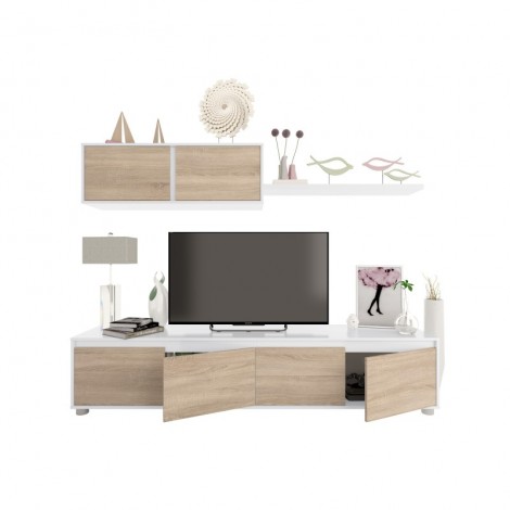 Mueble de Salón Alida Mediterráneo Blanco Artik y Roble Canadian, mueble TV, módulo superior y estante, Puertas abiertas.